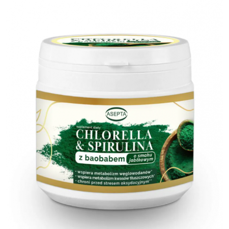 Chlorella i spirulina o smaku jabłkowym 150 g Chlorella i spirulina o smaku jabłkowym 150 g