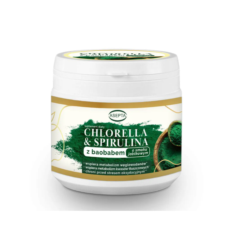 Chlorella i spirulina o smaku jabłkowym 150 g Chlorella i spirulina o smaku jabłkowym 150 g